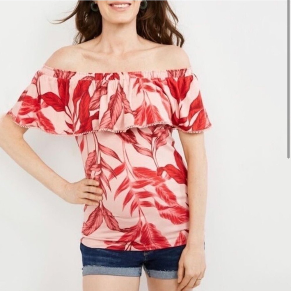 A Pea in the Pod maternity top off the shoulder tropical floral palm